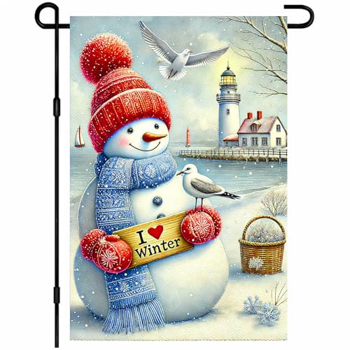 BlissYard Winter-Schneemann-Gartenflagge, 30,5 x 45,7 cm, mit Aufschrift "I Love Winter", doppelseitig, saisonales Hofbanner mit Leuchtturm, Schneemann, Möwe und Küstenszene für Veranda, Rasen BlissYard Winter-Schneemann-Gartenflagge, 30,5 x 45,7 cm, mit Aufschrift "I Love Winter", doppelseitig, saisonales Hofbanner mit Leuchtturm, Schneemann, Möwe und Küstenszene für Veranda, Rasen von BlissYard