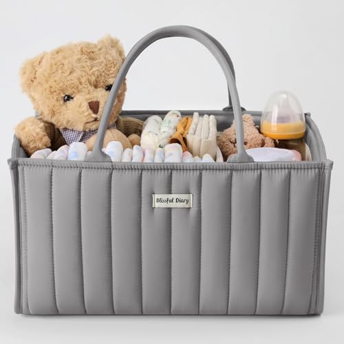 Blissful Diary Wickelkorb, Babyparty-Caddy für Neugeborene Jungen oder Mädchen, Windel-Organizer – Geschenkzettel für Neugeborene, Must-Have Essentials – Hellgrau von Blissful Diary