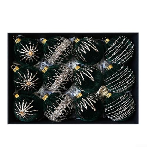 12 Stück Samt beflockte Weihnachtsschmuck 8 cm für Baumschmuck und Ferienhausakzente einschließlich Kränze und Girlanden (dunkelgrün) von BlissfulAbode