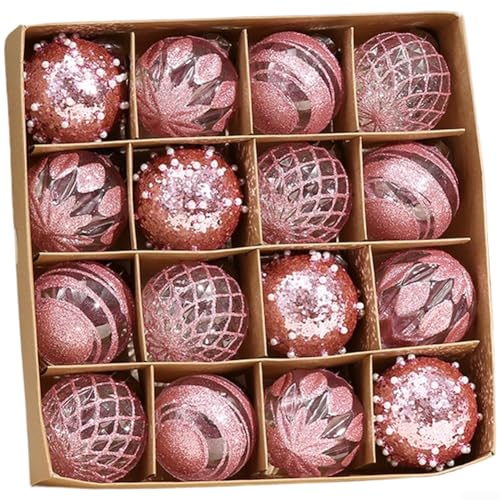 16-teiliges Weihnachtskugel-Set aus PET-Material mit detaillierten metallischen Lackierungen für Baum, Fenster und Zuhause (rosa) von BlissfulAbode