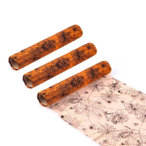 3er Set Halloween Tischläufer mit Mesh Tüllstoff, Spinnennetzmuster, schneidbare Tischsets für saisonale für den Esstisch (Orange) von BlissfulAbode