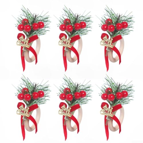 6 Weihnachtsserviettenringe Set mit künstlichen Tannenzweigen und roten Beeren, perfekt für Feiertagstische und festliche Anlässe (Briefe) von BlissfulAbode