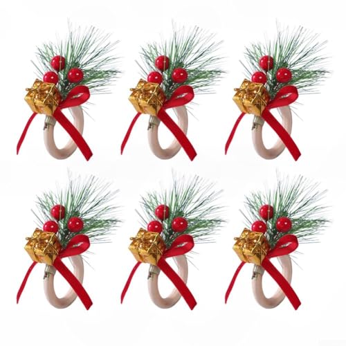 6 Weihnachtsserviettenringe Set mit künstlichen Tannenzweigen und roten Beeren, perfekt für Feiertagstische und festliche Anlässe (goldene Box) von BlissfulAbode