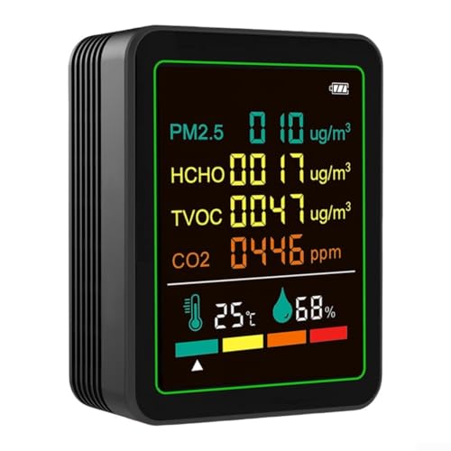 6-in-1 Raumluftdetektor für PM2 5 TVOC Formaldehyd Temperatur Luftfeuchtigkeit Überwachung mit akustischem System, Temperatur Luftfeuchtigkeit Detektor mit LED-Bildschirm und Alarmsystem (schwarz) von BlissfulAbode