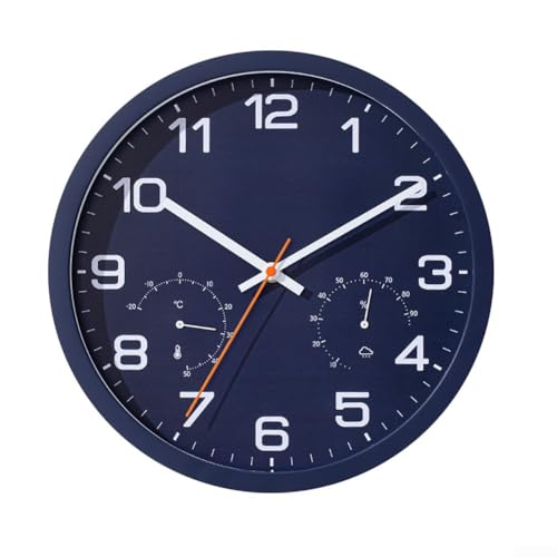 BlissfulAbode 12 Zoll Leise Quarz Wanduhr Mit Thermometer Und Hygrometer, Batteriebetrieben, Große Ziffern Für Wohnzimmer Schlafzimmer Büro, Klassisches Analog Design(E) von BlissfulAbode