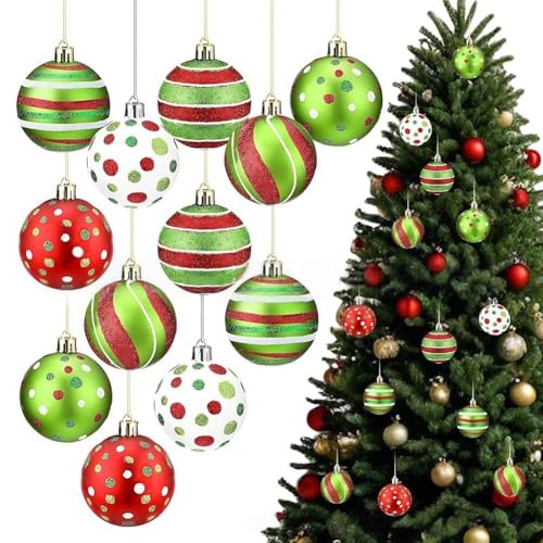 Buntes Weihnachtskugel-Set, 12 matte Kunststoff-Ornamente mit Streifen für festliche Displays (A) von BlissfulAbode