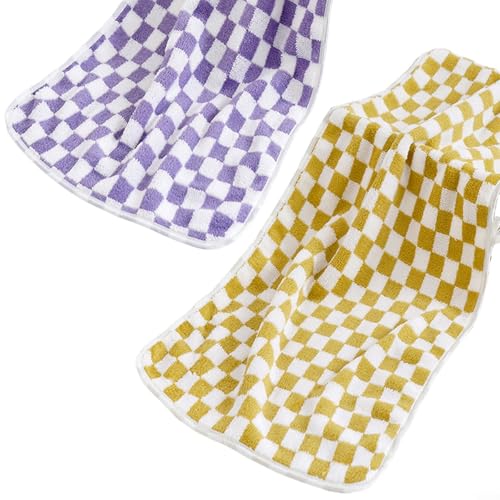 Coral Fleece Checkered Towels Set, 2 Soft Bath Towels for Daily Use and Travel, 13 7x29 12.7 cm (Purple+Yellow) von BlissfulAbode