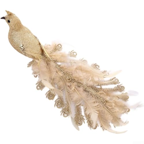 Deko-Pfauen-Ornament für Weihnachtsbaum mit Feder- und Schaumstoff-Konstruktion, Metallbefestigung zum schnellen Aufhängen an Bäumen und saisonalen Displays (Gold) von BlissfulAbode