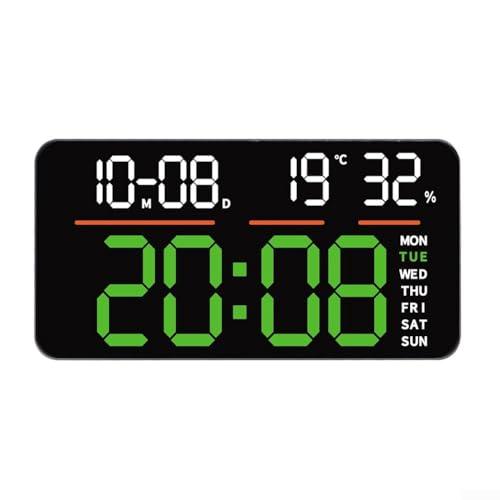 Digitale Wanduhr, LED-Display mit großen Ziffern, Dual-Alarm, digitalem Kalender, Temperatur- und Feuchtigkeitsüberwachung, Stoppuhr und Countdown-Funktionen (grün) von BlissfulAbode