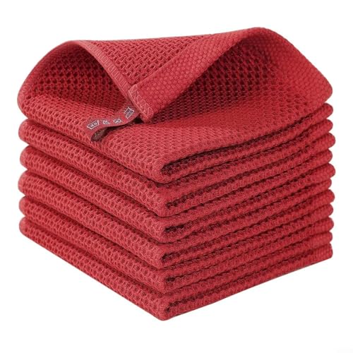 Geschirrtücher mit weicher Waffelstruktur, für den effizienten Umgang mit hartnäckigen Verschmutzungen in der Küche oder im Essbereich (rot) von BlissfulAbode