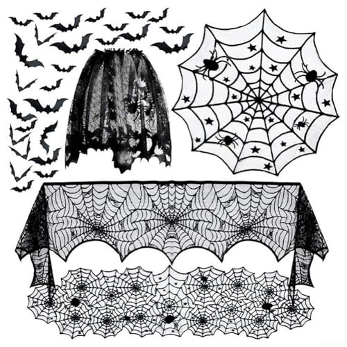 Halloween Dekoration Set Spitze Tischläufer Kamin Schal Spinnennetz Lampenschirm Runde Tischdecke 32 Schwarz 3D Fledermaus Wandaufkleber Wasserdicht Polyester PVC für Partys Filmabende Spukhaus Halloween Dekoration Set Spitze Tischläufer Kamin Schal Spinnennetz Lampenschirm Runde Tischdecke 32 Schwarz 3D Fledermaus Wandaufkleber Wasserdicht Polyester PVC für Partys Filmabende Spukhaus von BlissfulAbode