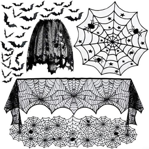 Halloween-Spinnennetz-Spitzen-Dekor-Set mit Kaminschal, Tischläufer, runder Tischdecke, Lampenschirm-Abdeckung und gruseligen 3D-Fledermaus-Wandaufklebern für Innenräume oder Party-Dekoration von BlissfulAbode