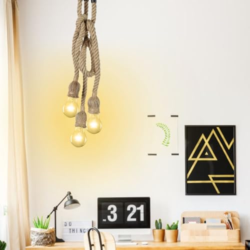Hanfseil Kronleuchter mit Drei E27 Lampenfassungen, Handgewebte Deckenlampe, Kreative Knotengestaltung und Einstellbare Länge, für Wohnzimmer, Esszimmer, Cafe und Bar Dekoration Hanfseil Kronleuchter mit Drei E27 Lampenfassungen, Handgewebte Deckenlampe, Kreative Knotengestaltung und Einstellbare Länge, für Wohnzimmer, Esszimmer, Cafe und Bar Dekoration von BlissfulAbode