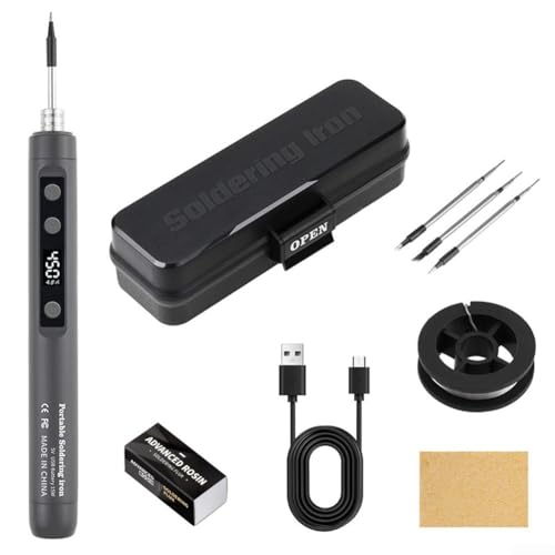 Kabelloses USB wiederaufladbares Lötkolben-Set mit einstellbarer Temperaturregelung und digitalem LCD-Display, inklusive 3 Spitzen, Lötdraht, Reinigungsschwamm, Lötpaste und Werkzeugkasten (grau) von BlissfulAbode