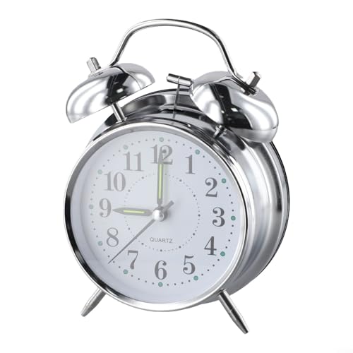 Klassischer Doppelglocken-Wecker Metallgehäuse Silber 4 Zoll Retro Stil Luminiszierende Zeiger Große Anzeige Leicht Ablesbar Mechanisch Batteriebetrieben Nachttisch Uhr Schlafzimmer von BlissfulAbode