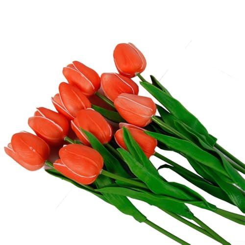 Künstliche Tulpen, Blumen-Set, 10 Stück, für Hochzeit, Zuhause, Wohnzimmer, Dekoration mit anpassbaren Stiellängen (33 cm, Orange) von BlissfulAbode