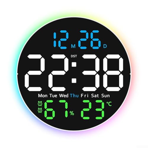 LED-Wanduhr mit Fernbedienung, Kalender und Temperaturanzeige, praktisch als Wohnaccessoire (drei farbige Lichter) von BlissfulAbode