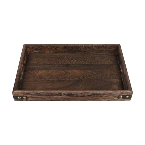 Serviertablett aus Massivholz mit eisernen Eckakzenten und hohlen Griffen für einfachen Transport und elegantes Essen (S 32 x 20 x 4 cm) von BlissfulAbode