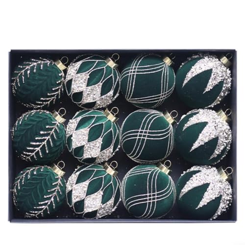 Set mit 12 beflockten Christbaumkugeln mit buntem Glitzer, weihnachtliche Weihnachtskugeln in Dunkelgrün, Kaffee, Rot, Weinrot und Beige, perfekt für festliche Dekoration von Haus und Garten (tiefgrün von BlissfulAbode