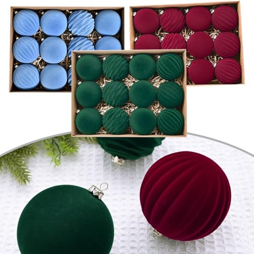 Weihnachtskugel-Ornament-Set, 12 Stück, beflockter Samt, Urlaubsdekorationen mit Metallschnalle, 8,9 cm Durchmesser, Kunststoff-Kugeln für festliche Heimdekoration, rot, grün, blau (grün) von BlissfulAbode