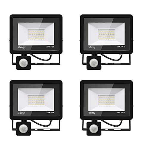 Blivrig 4 Stück 30 W LED-Strahler Mit Bewegungsmelder, 3000 lm, Außenstrahler Mit Detektor, Kaltweiß (6000 K), Wasserdicht IP66 für Sicherheit, Garage, Flur von Blivrig