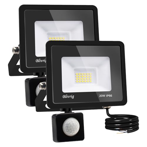 Blivrig 2PCS LED Strahler mit Bewegungsmelder Außen 20W Warmweiss, Fluter mit Bewegungssensor, Superhell 2000LM Aussenstrahler, IP66 Wasserdicht Scheinwerfer, für Garten, Garage von Blivrig