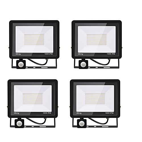 Blivrig 4 Stück 100 W LED-Scheinwerfer, Bewegungsmelder, 10000 lm, LED-Außenstrahler mit Detektor kaltweiß (6000 K), wasserdicht, IP66, LED-Außenstrahler für Sicherheit, Garage, Flur von Blivrig