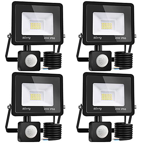 Blivrig 4 Stück 20 W LED-Strahler Mit Bewegungsmelder, 2000 Lm, Außenstrahler Mit Sensor, Warmweiß (3000 K), Wasserdicht IP66 für Sicherheit, Garage, Flur von Blivrig