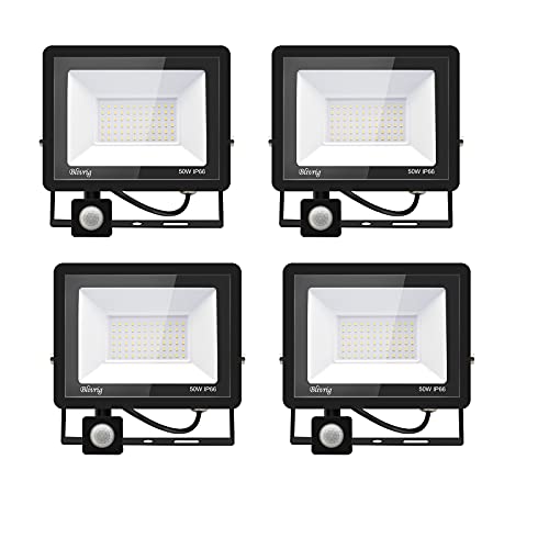 Blivrig 4 Stück 50 W LED-Strahler mit Bewegungsmelder, 5000 lm, LED-Außenstrahler mit Sensor, warmweiß (3000 K), wasserdicht, IP66, LED-Außenstrahler für Sicherheit, Garage, Flur von Blivrig