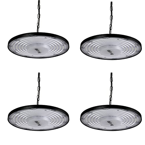 Blivrig 4PCS 200W LED UFO Hängeleuchten Industrielampe 6500K Kaltweiss mit Metallkette, 20000LM Hallenstrahler 230V IP65 Wasserdicht, 288 LED Pendelleuchten für Fabriken, Restaurant, Fußballplatz von Blivrig