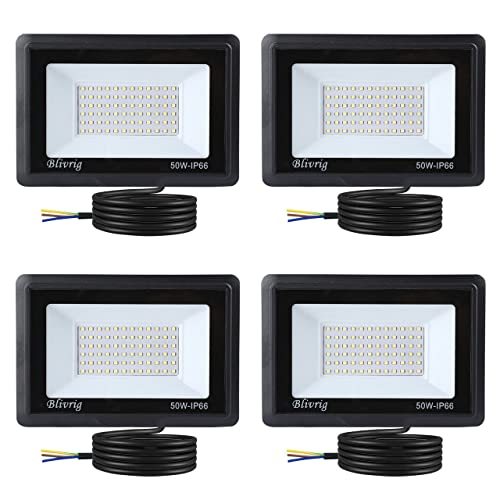 Blivrig 4PCS 50W LED Strahler Außen Kalt Weiß 6500K 5000LM, 72 LED Scheinwerfer Aussen, IP66 Wasserdicht Fluter, Gärten Außenstrahler, für Hof, Garage, Lager von Blivrig