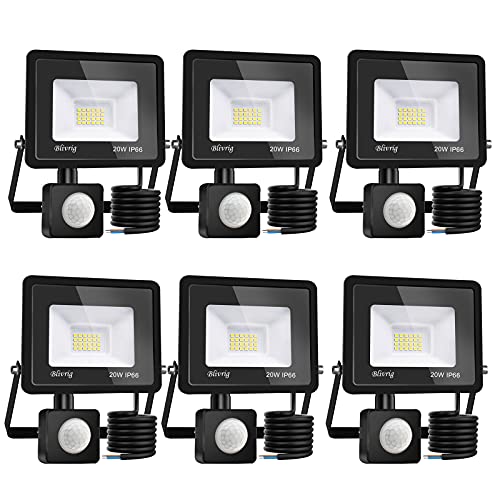 Blivrig 6 Stück LED-Strahler mit Bewegungsmelder, 2000 lm, für den Außenbereich, mit Sensor, warmweiß (3000 K), wasserdicht, IP66, LED-Außenstrahler für Sicherheit, Garage, Flur von Blivrig