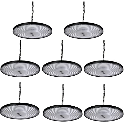 Blivrig 8PCS 200W LED UFO Hängeleuchten Industrielampe 6500K Kaltweiss mit Metallkette, 20000LM LED Hallenstrahler 230V IP65 Wasserdicht, 288 LED Pendelleuchten für Fabriken, Restaurant, Fußballplatz von Blivrig