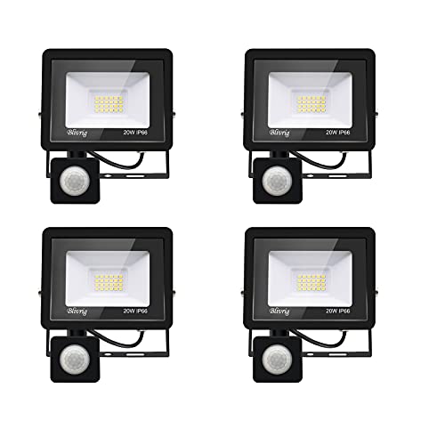Blivrig LED Strahler mit Bewegungsmelder Außen 20W Kaltweiss, Fluter mit Bewegungssensor, Superhell 2000LM Aussenstrahler, IP66 Wasserdicht Scheinwerfer, für Garten,Garage (4pcs-Kaltes Weiß, 20W) von Blivrig