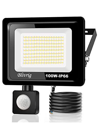 Blivrig 100 W LED-Strahler Mit Bewegungsmelder, 10.000 lm, Außenbereich, Sensor, Warmweiß (3000 K), Wasserdicht, IP66, Außenstrahler für Sicherheit, Garage, Flur von Blivrig