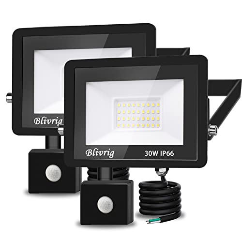 LED Strahler mit Bewegungsmelder 30W 2 Stück, 3000 Lumen Außenleuchte, 3500K Warmweiß Strahler LED Bewegungsmelder, Außenstrahler IP66 Wasserdicht, Außenlampe für Garten, Innenhöfe, Garage, Flu von Blivrig