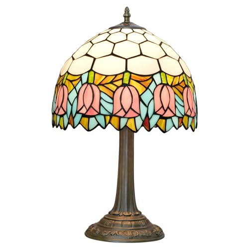 Blivuself Orange Rosen Tiffany Stil Bunt GlassTischlampe Bett Zimmer Nachttisch Wohnzimmer Leseschreibtisch Licht Für Büro Bar Dekorieren Retro Nettes Dekor Cottage 12" Dorf Geschenk Nachttisch Lampen von Blivuself