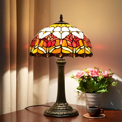 Blivuself Rote Tulpe Tiffany Stil Bunte Glas Tischlampe Bett Zimmer Nachttisch Leseschreibtisch Licht Für Living Büro Schlafsaal Bar Retro Nette Akzent Dekor 12" Dorf Geschenk Nachttisch Lampen von Blivuself
