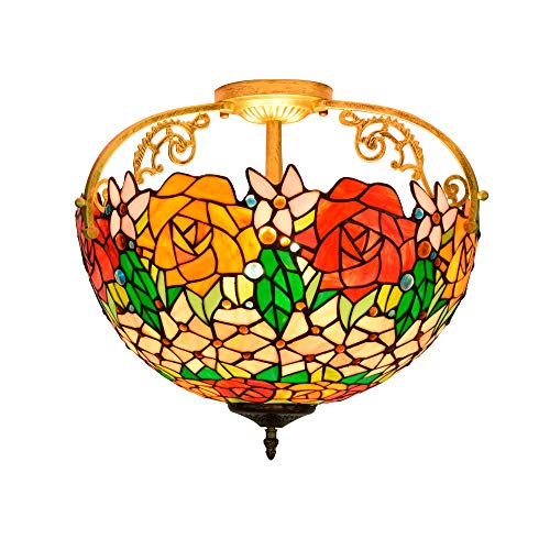 Blivuself Tiffany Deckenleuchte 16 Zoll Halbdeckenleuchte Tiffany Glasmalerei Stil gelb rot Rose cielling Lampe Muster for Wohnzimmer Korridor Schlafzimmer von Blivuself