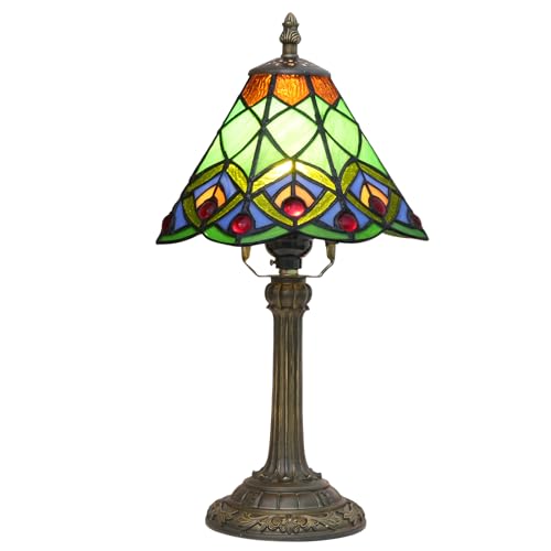 Blivuself Tiffany Kleine Buntglas Tischlampe Grüner Pfau Schwanz Schlafzimmer Nachttischlampe Licht Für Büro Schlafsaal Bar Stil Einzigartiges Nettes Dekor 8 Dorf Nachttisch Lampen von Blivuself