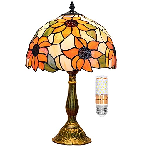 Blivuself Tiffany Lampe Buntglas Tischlampe W12H18 Zoll Hoch Warm Gelb Sonnenblume Blumen Schatten Antike Basis Liebhaber Freunde Kinder Wohnzimmer Schlafzimmer Nacht Kaffee Handwerk Geschenke von Blivuself