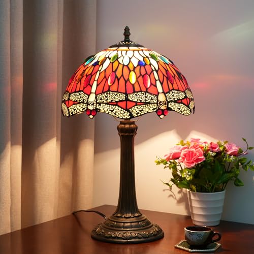 Blivuself Tiffany Lampe Libelle Stil Glasmalerei rote Lampe 12 Zoll Nachttischlampe Retro Metall Leselampen für Wohnheim Büro Kunsthandwerk antikes Dekor Akzent ästhetische Nachttischlampe von Blivuself