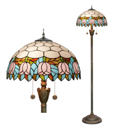 Blivuself Tiffany Stehlampe Rosa Tulpe Stil Buntglas Lampen für Wohnzimmer Schlafzimmer Büro Beleuchtung Rustikale Ecke Deco Stehende Hohe Vintage Lesung Einzigartige Bronze Leseecke Lampe von Blivuself