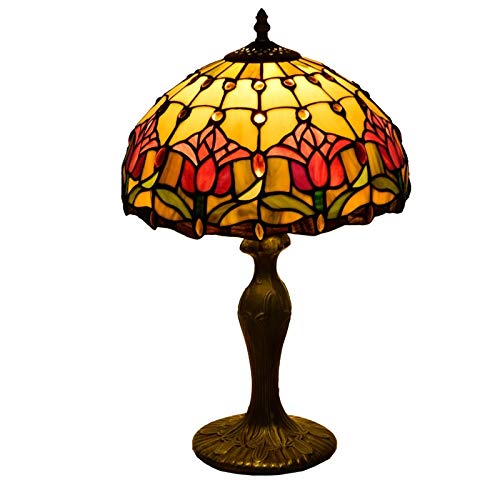Blivuself Tiffany Tischlampe 12-Zoll-Tiffany-Buntglastischlampe American Garden Lampe kreativ Retro Red Tulip Hotel Schlafzimmer Nachttischlampe von Blivuself