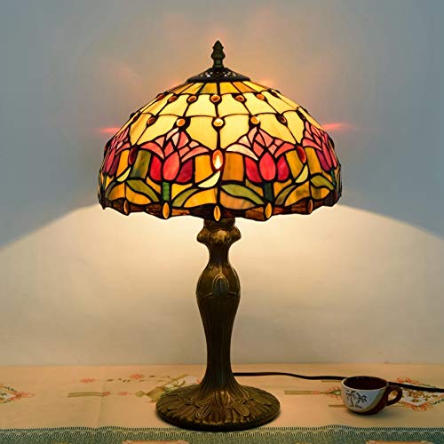 Blivuself Tiffany Tischlampe 12-Zoll-Tiffany-Buntglastischlampe American Garden Lampe kreativ Retro Red Tulip Hotel Schlafzimmer Nachttischlampe von Blivuself