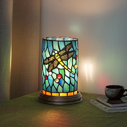 Tiffany Lampe Glas Teal Dragonfly Stil Tischlampe Schlafzimmer Nachttisch Blume Vase Dekor Grün Kleines Nachtlicht Mini Nette Kinder Akzent Einzigartige Zylinder Schreibtisch Lampe von Blivuself