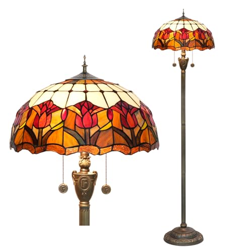 Tiffany Stehlampe rote Tulpe Stil gebeizt Glas Stehlampe helle Beleuchtung rustikale Stehlampe Vintage einzigartige Bronze Lesen Ecke Lampe für Home Decor Wohnzimmer Schlafzimmer 16X16X64 Zoll von Blivuself