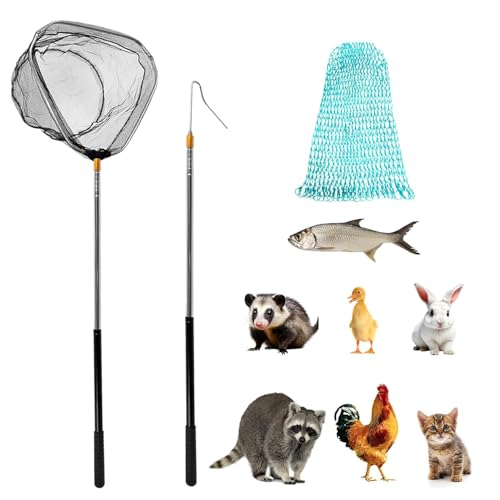 Fangnetz, Hühnernetze und Katzenfänger, 2 Stangen Teleskopnetz für Geflügel, Enten, Gänse, Katzen und Kleintiere, Multifunktionales Landungsnetz für Teichreinigung, Früchteernte und Haustierfang von Blleshelfl