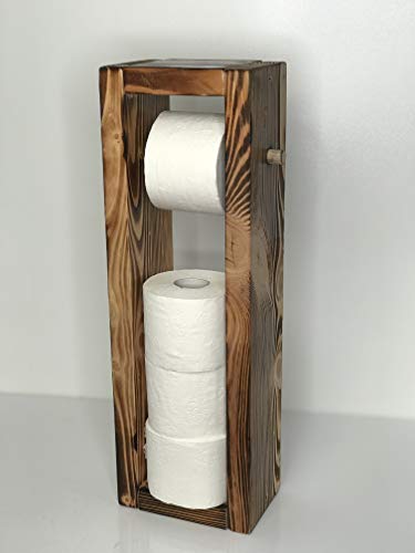 Blockholz-Schmiede Toilettenpapierhalter aus Holz für Badezimmer 4 Rollen Stand - Ständer WC Rollenhalter Freistehend WC Papierhalter Toilettenrollenhalter (Geflammt) von Blockholz-Schmiede