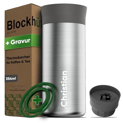Blockhütte Kaffeebecher personalisiert 354 ml, Kaffee to Go Becher personalisiert 8h heiße Getränke, Travel Mug auslaufsicher, Thermobecher Edelstahl spülmaschinenfest von Blockhütte